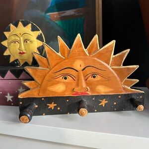 Vintage 7.75" X 5" Celestial Handpainted Sun and Moon Wall Decor Hooks